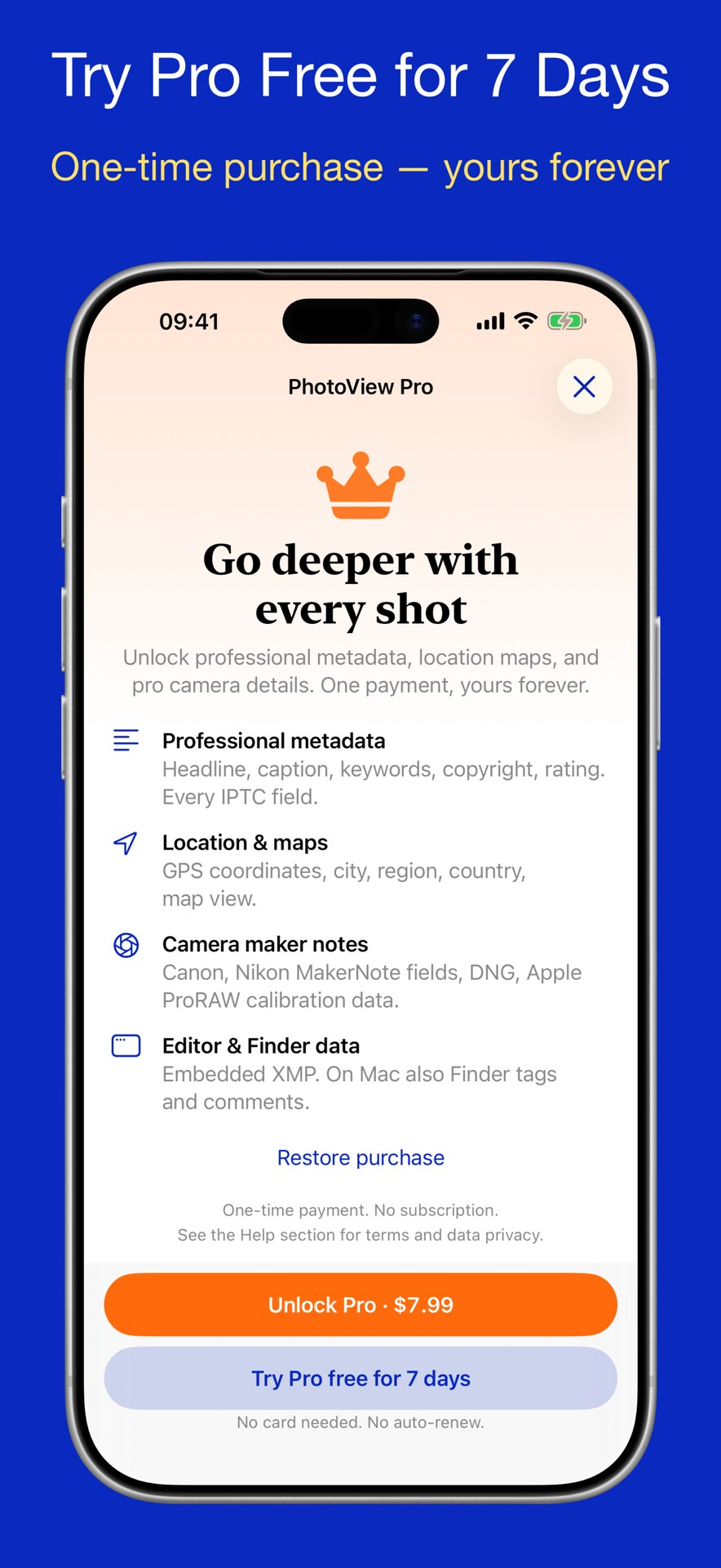 PhotoView Pro: a one-time purchase with a free 7-day trial